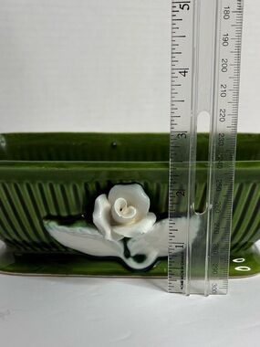 E.O. Brody Green Ceramic Planter with White Porcelain Rose Accent Vintage